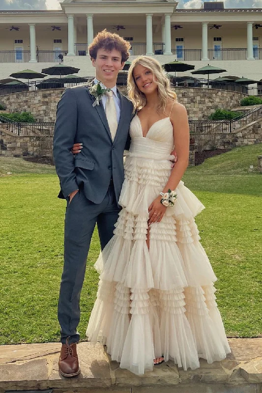 Price Drop Champagne Tiered Ruffle Long Ball Gown with Straps
