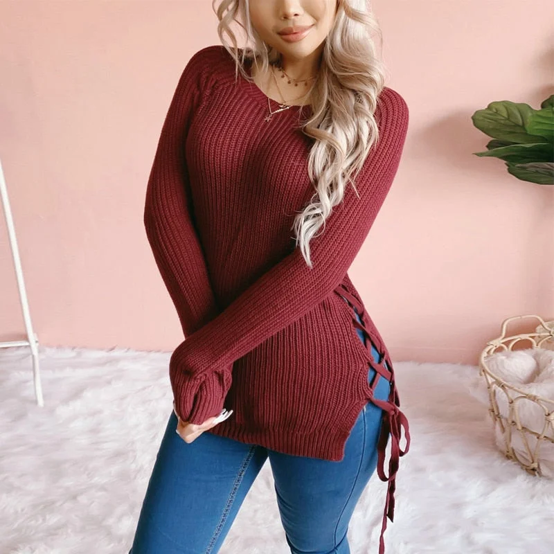 Stock Clearance Awakecrm Autumn Knitted Sweaters Women Sexy O Neck Solid Split Cross Bandage Long Sleeve Pullover Tops Female Casual Loose Winter Jumper Stock Clearance Awakecrm Autumn Knitted Sweaters Women Sexy O Neck Solid Split Cross Bandage Long Sleeve Pullover Tops Female Casual Loose Winter Jumper