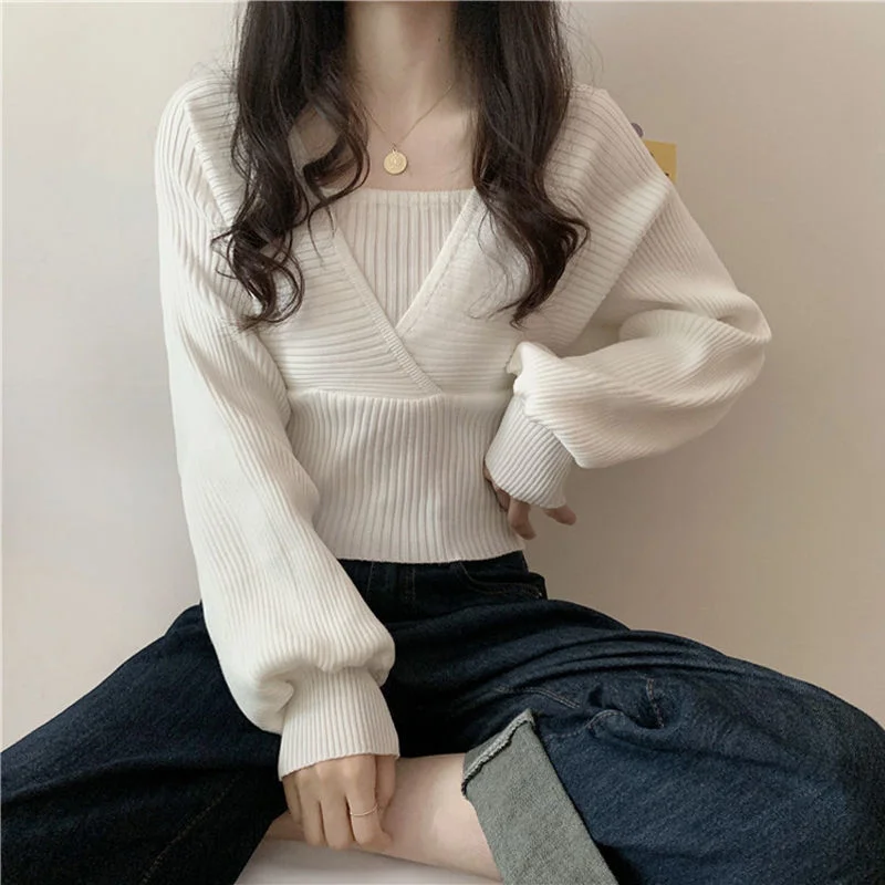 Super Deal Awakecrm Autumn Women Sweaters Casual Puff Long Sleeve Short Jumper Sexy Cross V Neck Fake Two Pieces Sweater Korean Slim Bottom Knitwear Super Deal Awakecrm Autumn Women Sweaters Casual Puff Long Sleeve Short Jumper Sexy Cross V Neck Fake Two Pieces Sweater Korean Slim Bottom Knitwear