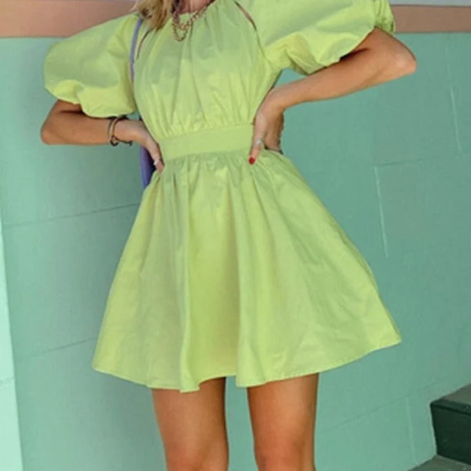 Exclusive Savings Back to College Casual green hollow out fold A-line mini dress summer Backless O-neck puff sleeve dresses High waist women solid dress Exclusive Savings Back to College Casual green hollow out fold A-line mini dress summer Backless O-neck puff sleeve dresses High waist women solid dress