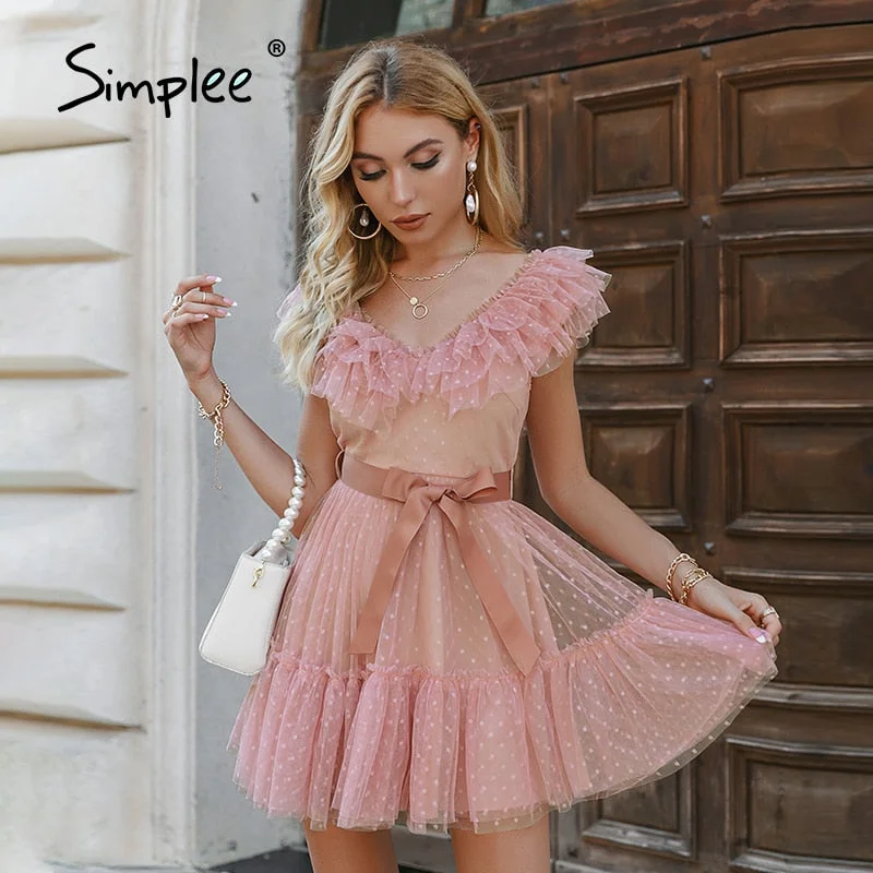 Final Clearance Back to College Simplee Holiday polka dot ruffle A-line v-neck tulle dress women Elegant lace up sleeveless party vestido Female lace mini dress Final Clearance Back to College Simplee Holiday polka dot ruffle A-line v-neck tulle dress women Elegant lace up sleeveless party vestido Female lace mini dress