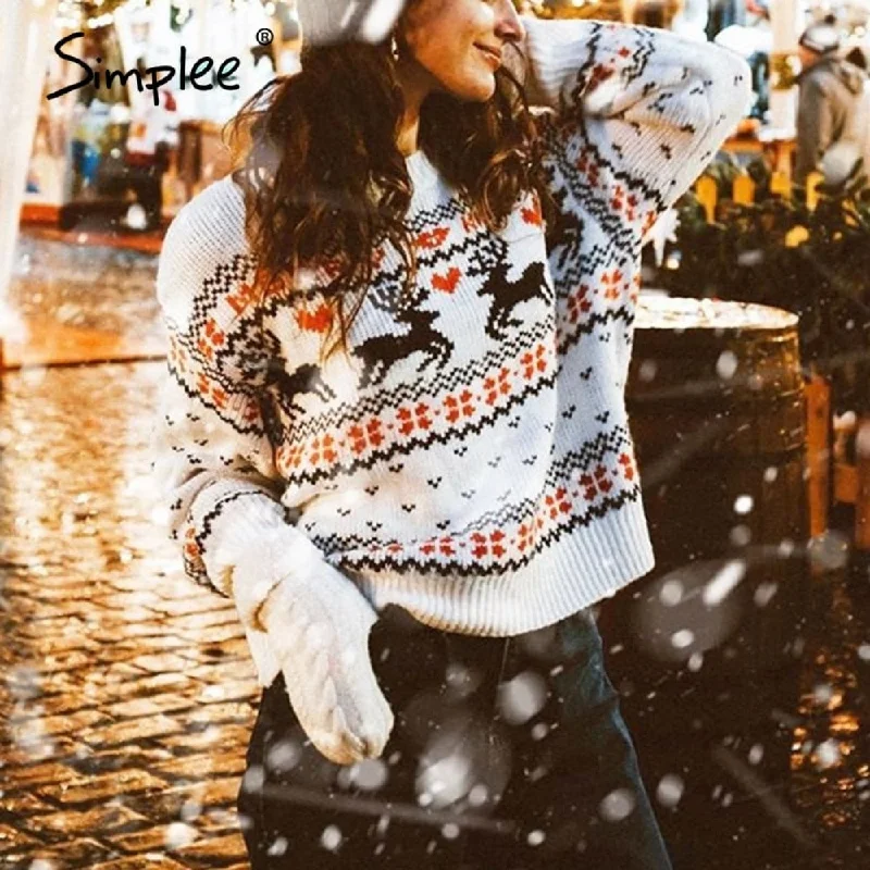 Special Price Awakecrm Back to College Simplee O-neck Fashion Christmas sweaters women long sleeve Autumn winter deer print knitted female pullover Chic ladies sweater