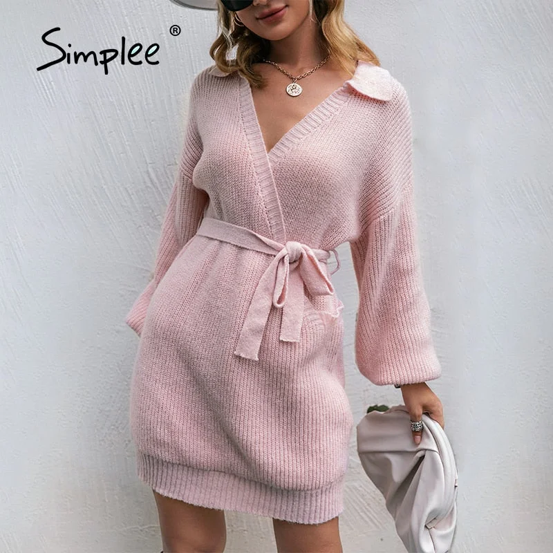 Low Prices Back to College Simplee Office lady v-neck lantern sleeves lace up knitted mini dress women Lapel loose pink sweater dresses Sash solid vestidos Low Prices Back to College Simplee Office lady v-neck lantern sleeves lace up knitted mini dress women Lapel loose pink sweater dresses Sash solid vestidos