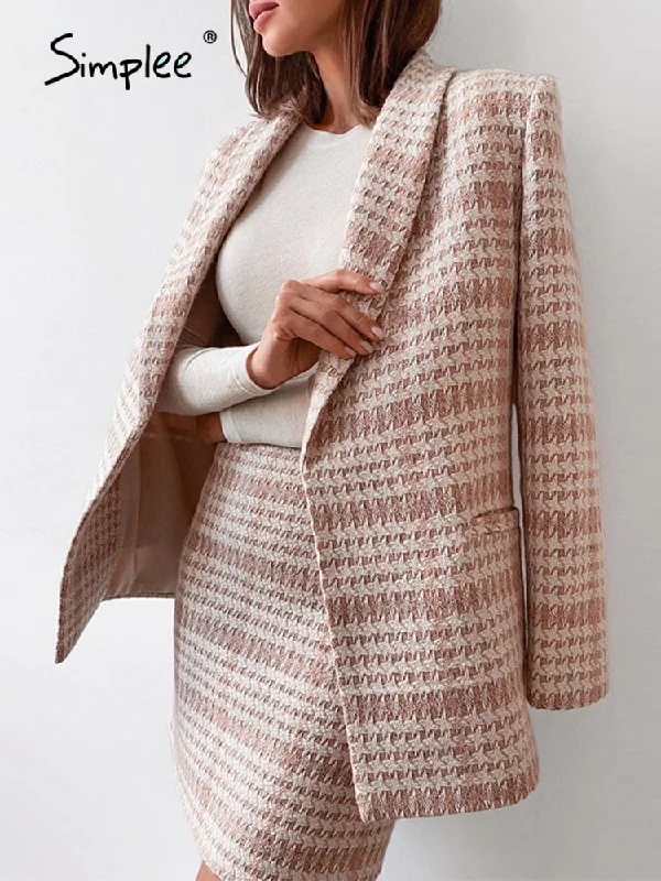Mega Sale Back to College Simplee Vintage houndstooth v-neck women blazer suit Office lady plaid shoulder pads pink two pieces set Pocket mini dress sets Mega Sale Back to College Simplee Vintage houndstooth v-neck women blazer suit Office lady plaid shoulder pads pink two pieces set Pocket mini dress sets