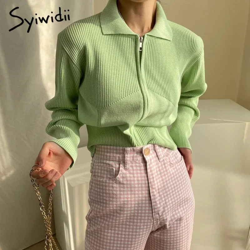 Instant Discount Awakecrm Back to College Syiwidii Knitting Cardigan Sweaters Woman Autumn Winter Korean Double Zipper Long Sleeve Turn-down Collar Tops Green White Instant Discount Awakecrm Back to College Syiwidii Knitting Cardigan Sweaters Woman Autumn Winter Korean Double Zipper Long Sleeve Turn-down Collar Tops Green White