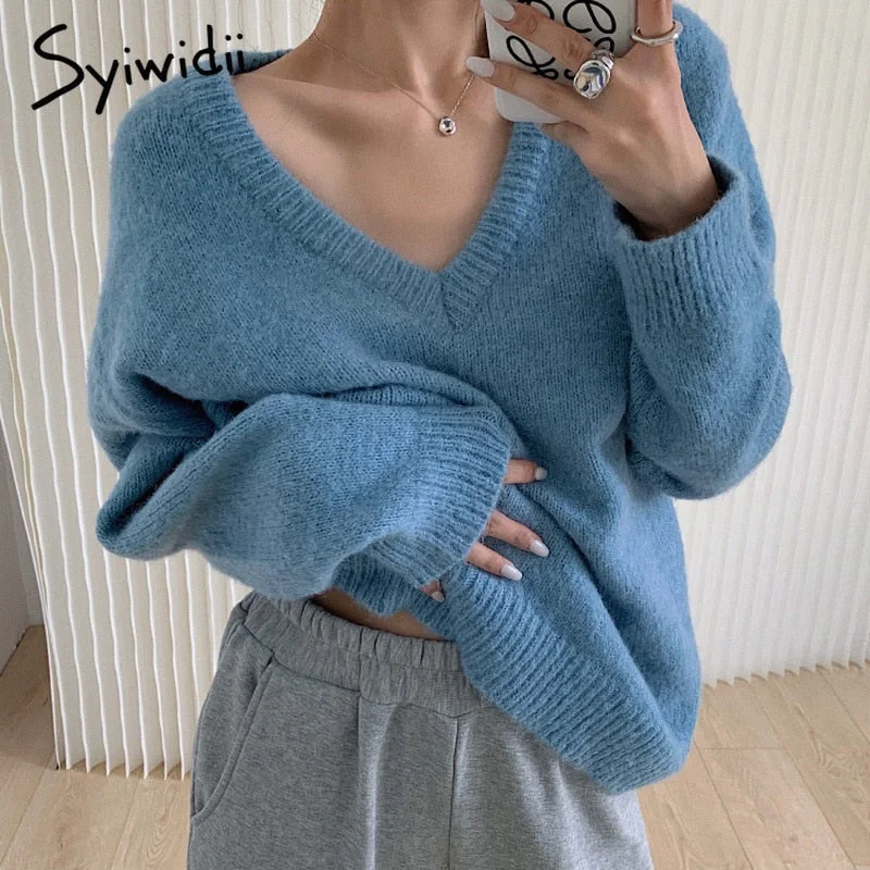 Markdowns Awakecrm Back to College Woman Sweaters Autumn Winter Korean New Pullovers Raglan Sleeve V Neck Knitted Tops Casual Loose Jumpers Gray Blue Markdowns Awakecrm Back to College Woman Sweaters Autumn Winter Korean New Pullovers Raglan Sleeve V Neck Knitted Tops Casual Loose Jumpers Gray Blue