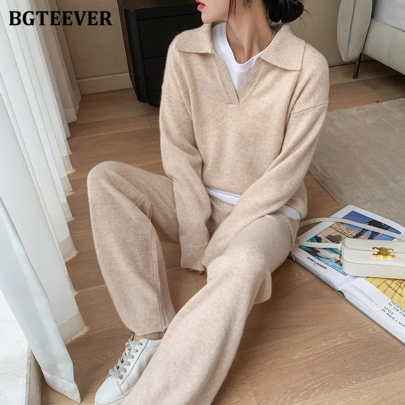 Buy More, Save More Awakecrm Christmas Gift BGTEEVER Autumn Winter Ladies 2 Pieces Knitted Set V-neck Full Sleeve Pullovers & Straight Pants Loose Women Sweaters Set Buy More, Save More Awakecrm Christmas Gift BGTEEVER Autumn Winter Ladies 2 Pieces Knitted Set V-neck Full Sleeve Pullovers & Straight Pants Loose Women Sweaters Set