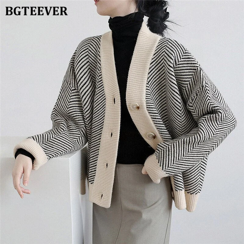 Unmissable Offer Awakecrm Christmas Gift BGTEEVER Autumn Winter V-neck Ladies Striped Knitted Cardigans Tops Vintage Single-breasted Full Sleeve Women Sweaters Unmissable Offer Awakecrm Christmas Gift BGTEEVER Autumn Winter V-neck Ladies Striped Knitted Cardigans Tops Vintage Single-breasted Full Sleeve Women Sweaters