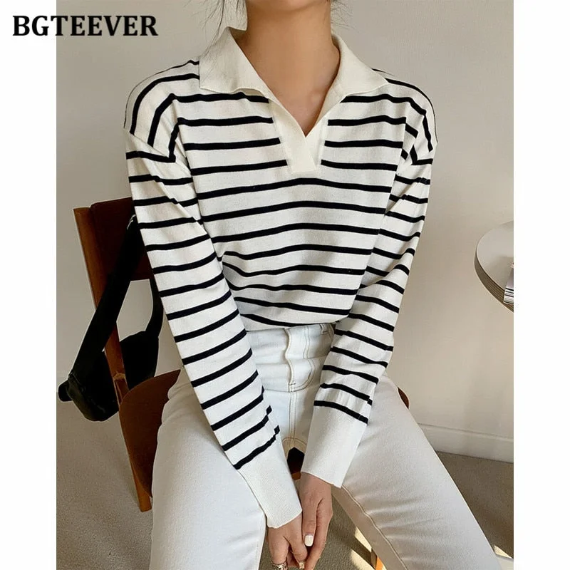 Buy Now Awakecrm Christmas Gift BGTEEVER Casual Turn-down Collar Striped Women Sweaters Autumn Sweater Long Sleeve Loose Female Knitted Pullovers Tops Buy Now Awakecrm Christmas Gift BGTEEVER Casual Turn-down Collar Striped Women Sweaters Autumn Sweater Long Sleeve Loose Female Knitted Pullovers Tops