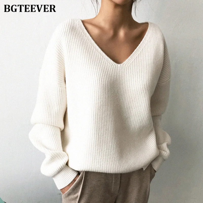 Great Bargains Awakecrm Christmas Gift BGTEEVER Casual V-neck Long Sleeve Loose Women Pullover Sweaters  Autumn Winter Chic Irregular Hem Female Knitting Jumpers