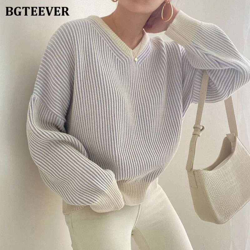 TIME-Limited Offer Awakecrm Christmas Gift BGTEEVER Casual V-neck Loose Women Knitted Pullovers Autumn Winter Thicken Warm Full Sleeve Ladies Striped Sweaters Jumpers TIME-Limited Offer Awakecrm Christmas Gift BGTEEVER Casual V-neck Loose Women Knitted Pullovers Autumn Winter Thicken Warm Full Sleeve Ladies Striped Sweaters Jumpers