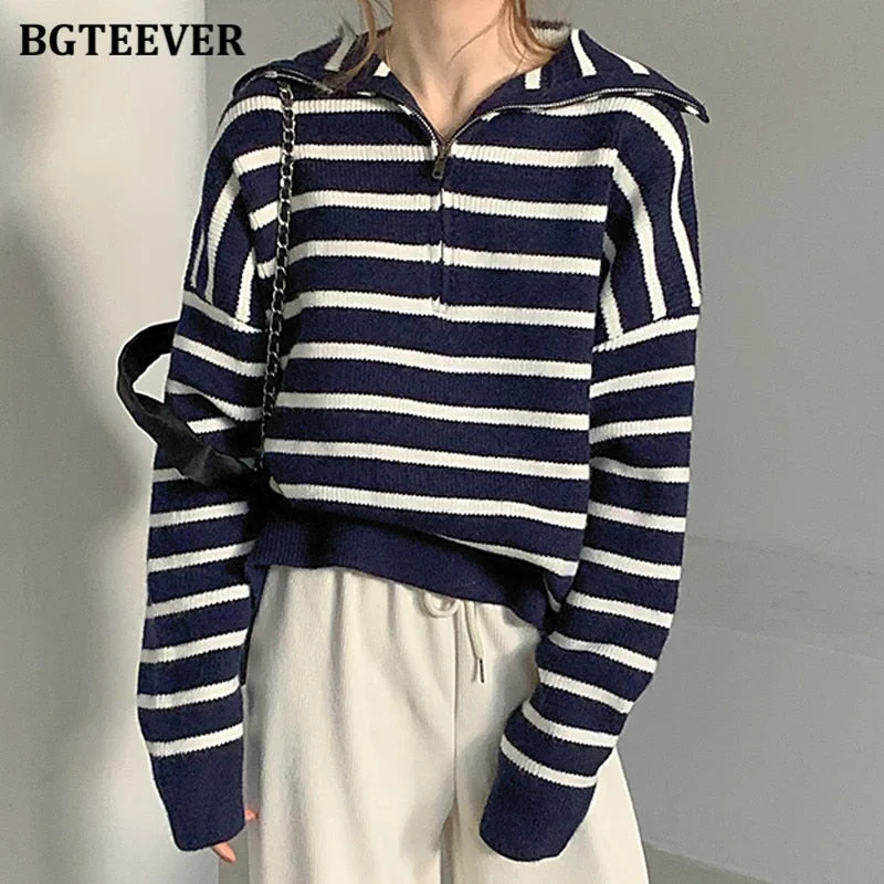 Unbeatable Prices Awakecrm Christmas Gift BGTEEVER Chic Casual Turn-down Collar Zippers Women Striped Sweaters Tops Long Sleeve Loose Female Knitted Pullovers Autumn Unbeatable Prices Awakecrm Christmas Gift BGTEEVER Chic Casual Turn-down Collar Zippers Women Striped Sweaters Tops Long Sleeve Loose Female Knitted Pullovers Autumn
