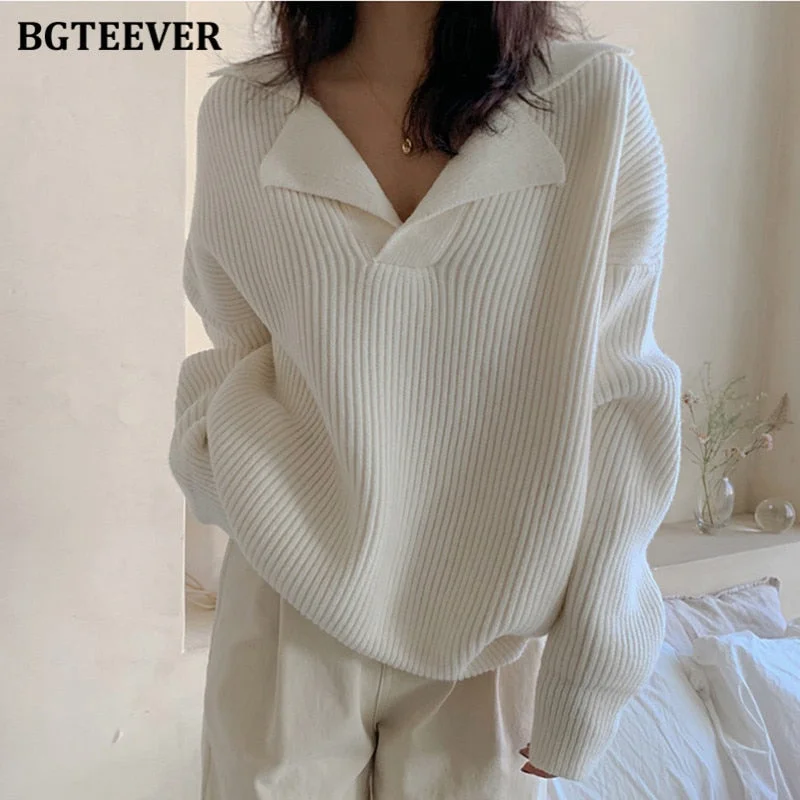 Best Deals Awakecrm Christmas Gift BGTEEVER Elegant Turn-Down Collar Loose Women Sweaters Full Sleeve Solid Female Knitted Pullovers Autumn Winter Knitwear Best Deals Awakecrm Christmas Gift BGTEEVER Elegant Turn-Down Collar Loose Women Sweaters Full Sleeve Solid Female Knitted Pullovers Autumn Winter Knitwear
