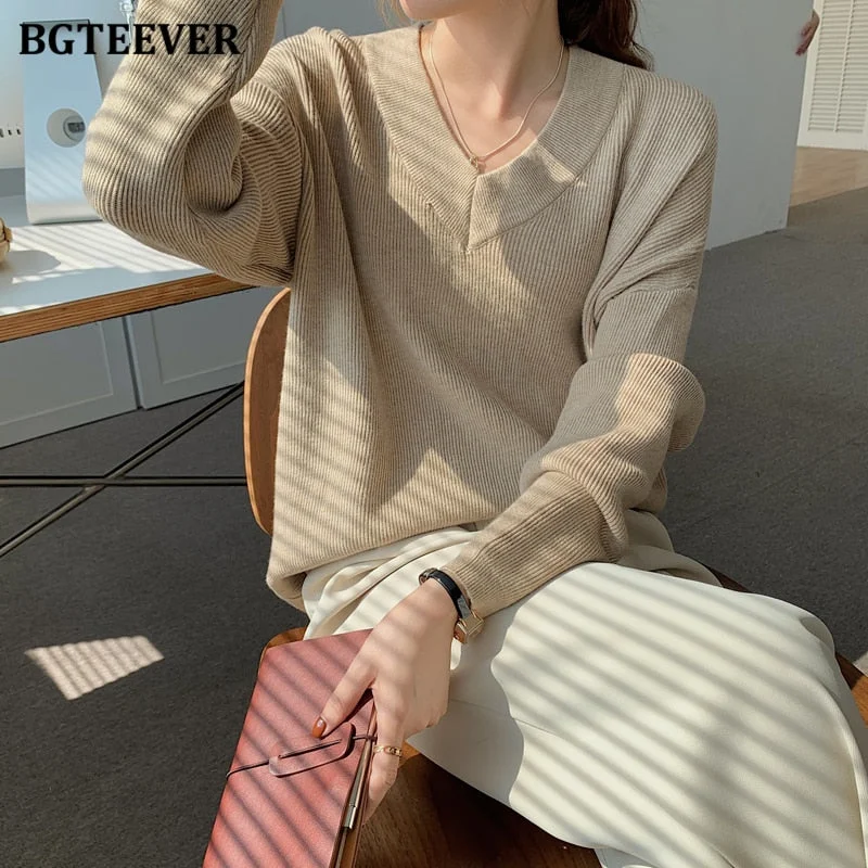 Amazing Deals Awakecrm Christmas Gift BGTEEVER Elegant V-neck Knitted Women Sweaters Full Sleeve Loose Female Pullovers Jumpers Autumn Winter Thick Ladies Knitwear Amazing Deals Awakecrm Christmas Gift BGTEEVER Elegant V-neck Knitted Women Sweaters Full Sleeve Loose Female Pullovers Jumpers Autumn Winter Thick Ladies Knitwear