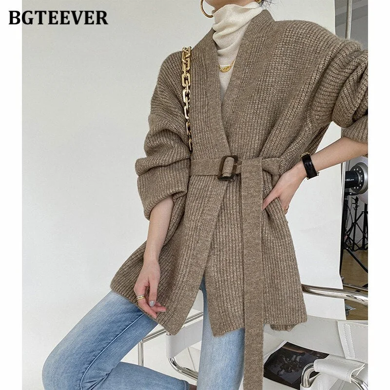 Value Deals Awakecrm Christmas Gift BGTEEVER Elegant V-neck Oversized Women Sweater Autumn Winter Loose Belted Sashes Female Knitted Cardigans Tops Value Deals Awakecrm Christmas Gift BGTEEVER Elegant V-neck Oversized Women Sweater Autumn Winter Loose Belted Sashes Female Knitted Cardigans Tops