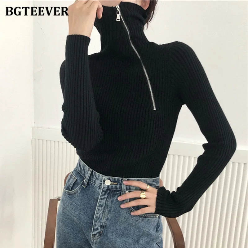 Huge Savings Awakecrm Christmas Gift BGTEEVER Fashion Slim Turtleneck Zippers Women Knitted Sweaters  Autumn Winter Full Sleeve Stretched Female Pullover Jumpers