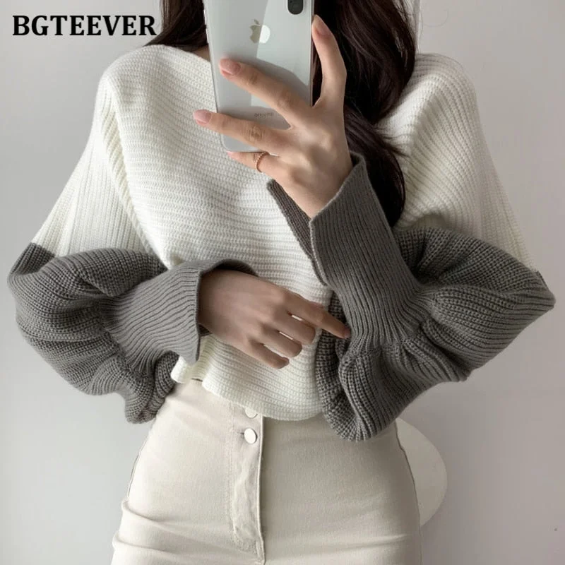 Don't Miss Awakecrm Christmas Gift BGTEEVER New Autumn Winter Patchwork Short Sweaters Casual O-neck Lantern Sleeve Loose Warm Female Knitted Tops Jumpers Don't Miss Awakecrm Christmas Gift BGTEEVER New Autumn Winter Patchwork Short Sweaters Casual O-neck Lantern Sleeve Loose Warm Female Knitted Tops Jumpers