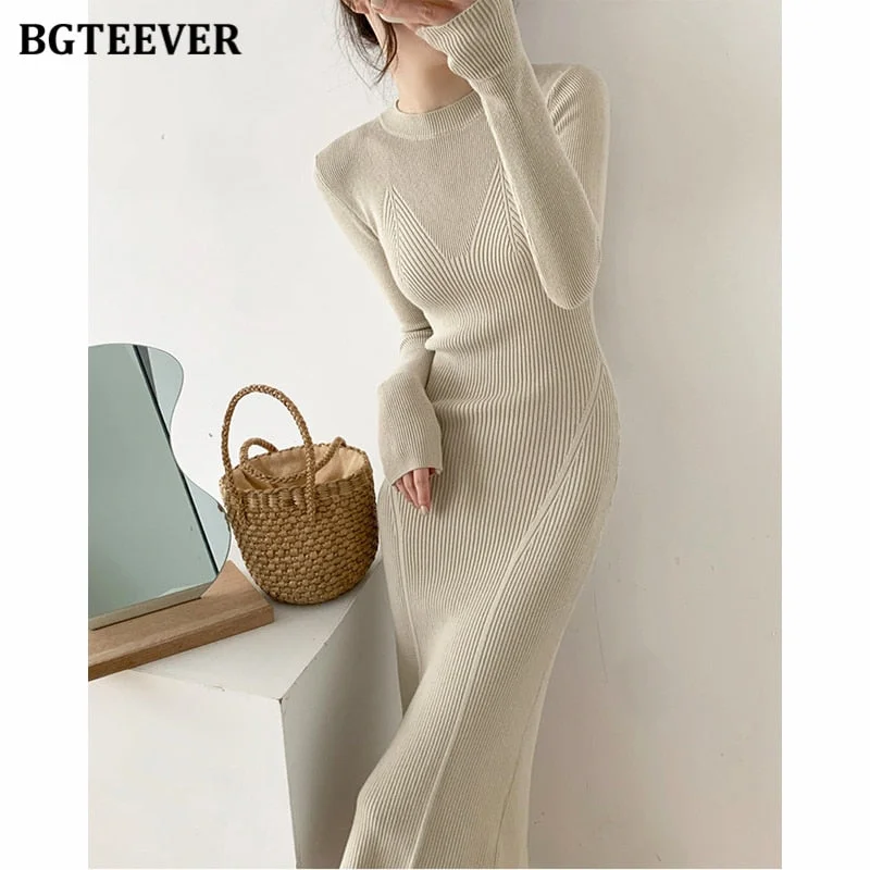 Early Access Christmas Gift BGTEEVER O-neck Slim Sweaters Bodycon Dress for Women Autumn Winter Knitted Vestidos Femme Full Sleeve Midi Female Dress Early Access Christmas Gift BGTEEVER O-neck Slim Sweaters Bodycon Dress for Women Autumn Winter Knitted Vestidos Femme Full Sleeve Midi Female Dress