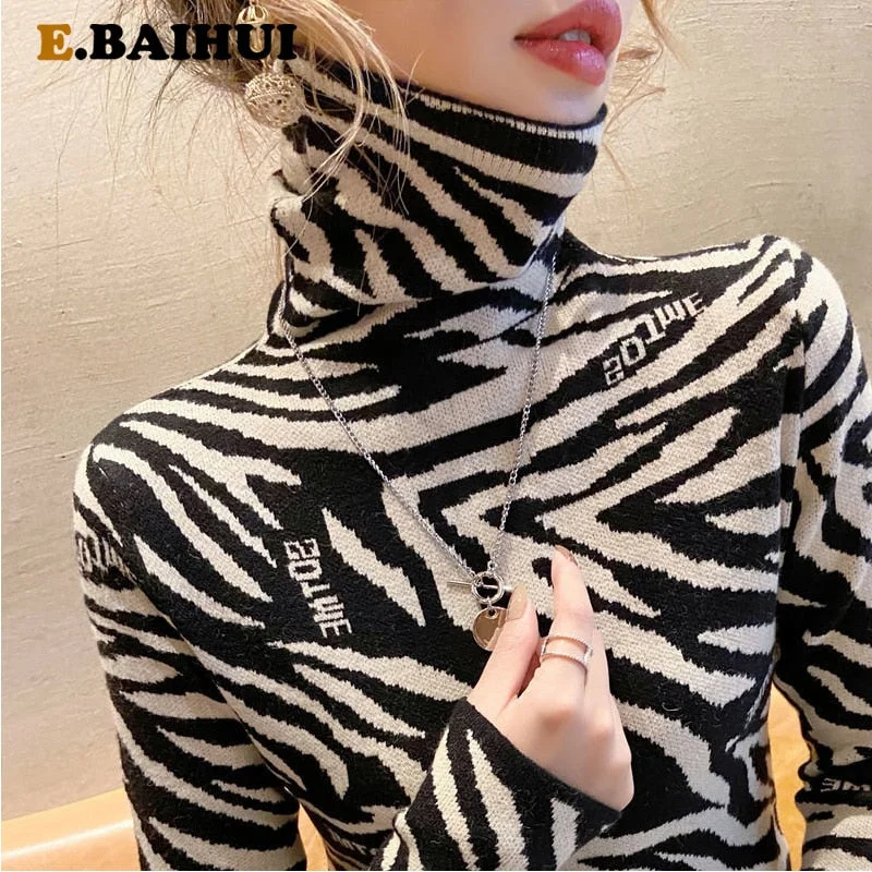 Clearance Items Awakecrm Christmas Gift EBAIHUI Pullover Spring Autumn Women Knitted Turtleneck Sweater Casual Jumper Zebra Pattern Letter Print Slim Sweaters Clearance Items Awakecrm Christmas Gift EBAIHUI Pullover Spring Autumn Women Knitted Turtleneck Sweater Casual Jumper Zebra Pattern Letter Print Slim Sweaters