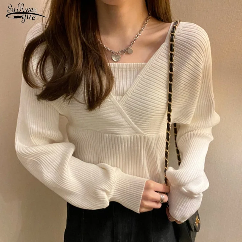 Hurry In Awakecrm Christmas Gift Elegant Solid Slim Autumn Short V Neck White Knitted Tops Bottom Fake Two Pieces Pullover Sweaters Lady Fashion Chic Korea 17394 Hurry In Awakecrm Christmas Gift Elegant Solid Slim Autumn Short V Neck White Knitted Tops Bottom Fake Two Pieces Pullover Sweaters Lady Fashion Chic Korea 17394