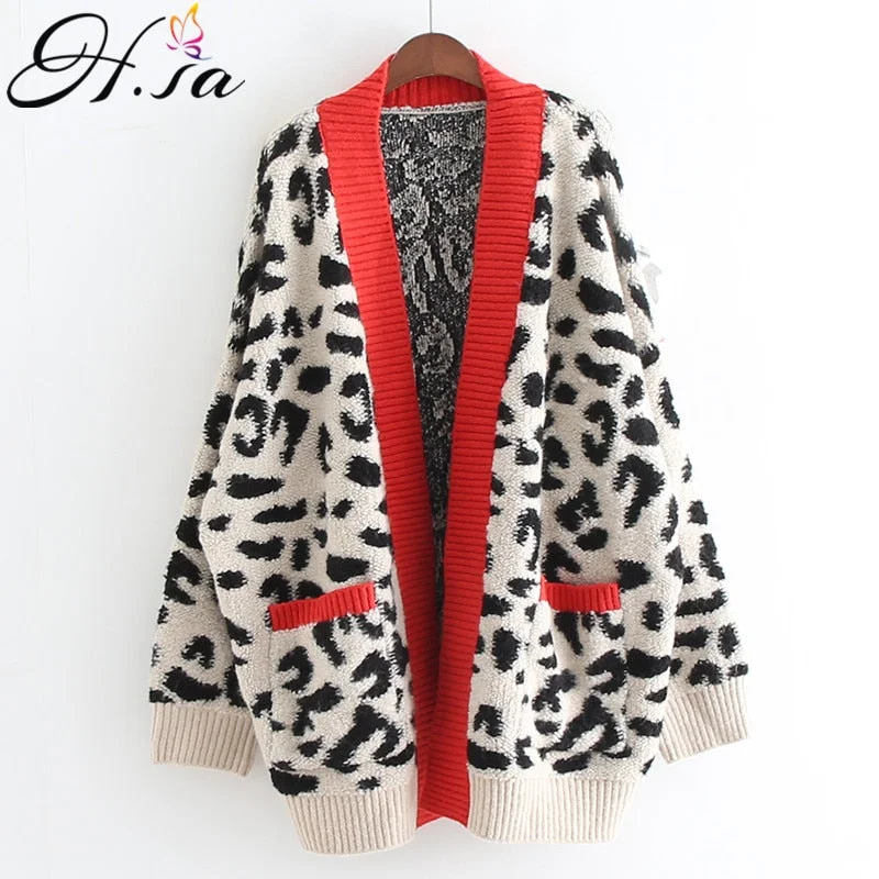 Can't Miss Awakecrm Christmas Gift H.SA Women Fashion Long Sweater and Cardigans Open Stitch Leopard Casual Cardigans Red and Yellow Oversized Knit Jacket Out Coat