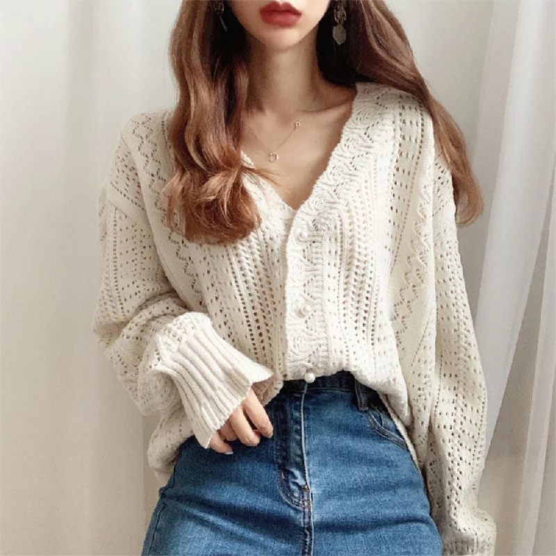 Buy Now Awakecrm Christmas Gift H.SA  Women Spring Summer Knit Cardigans Low V-Neck Knit Tops Long Sleeve Flare Hollow Out Sexy Cardigan Loose White Tops