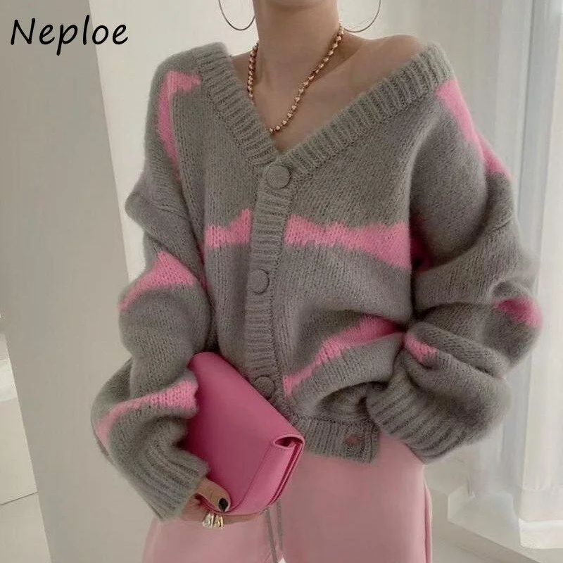 Hot Deal Awakecrm Christmas Gift Korean Striped Cardigan Women Loose and Lazy Outer Wear Women's Sweater Jacket Color Matching V-neck Sweaters Hot Deal Awakecrm Christmas Gift Korean Striped Cardigan Women Loose and Lazy Outer Wear Women's Sweater Jacket Color Matching V-neck Sweaters