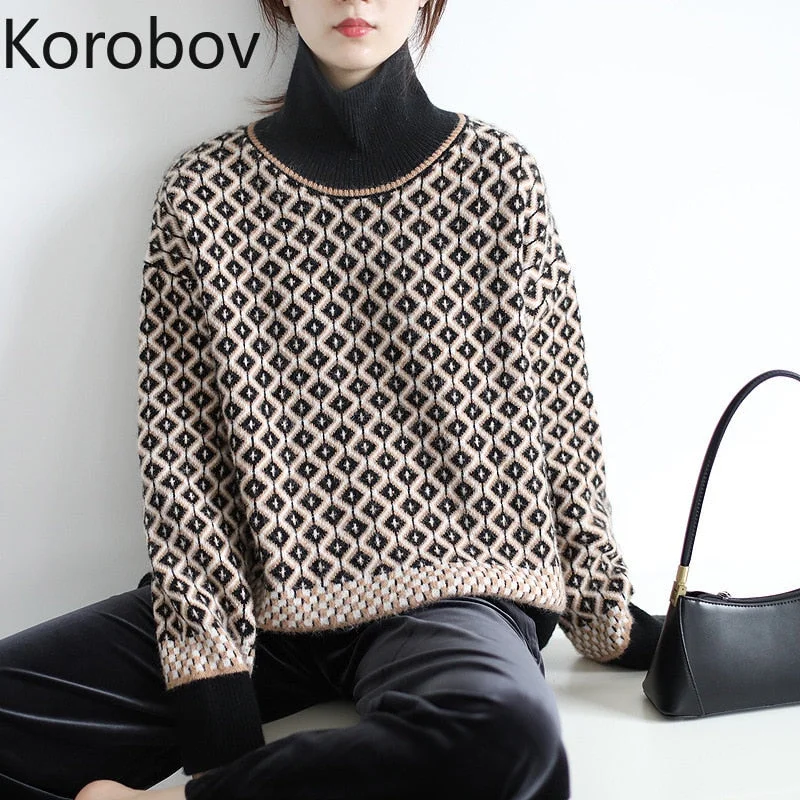 Limited Time Offer Awakecrm Christmas Gift Korobov Korean Elegant Vintage Sueter Mujer New Arrival Women Sweaters Turtleneck Plaid Patchwork Female Pullovers Limited Time Offer Awakecrm Christmas Gift Korobov Korean Elegant Vintage Sueter Mujer New Arrival Women Sweaters Turtleneck Plaid Patchwork Female Pullovers