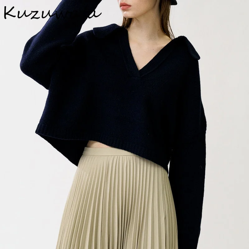 Stock Up and Save Awakecrm Christmas Gift Kuzuwata Autumn Winter Women Sweaters Loose Temperament Knitted Pullover Turn Down Collar Long Sleeve Solid Short Jumper Stock Up and Save Awakecrm Christmas Gift Kuzuwata Autumn Winter Women Sweaters Loose Temperament Knitted Pullover Turn Down Collar Long Sleeve Solid Short Jumper