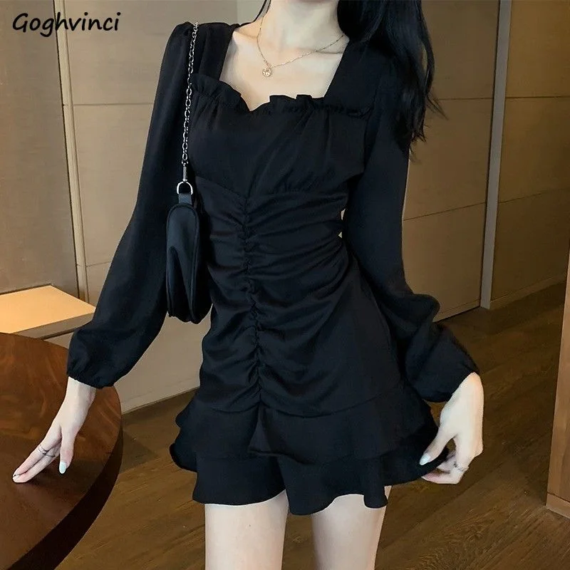 Must-Have Deals Christmas Gift Long Sleeve Dress Women Pleated Ruffle Puff Sleeves Square Collar Black Retro Korean Style Slim Elegant Designed mini Shaped Must-Have Deals Christmas Gift Long Sleeve Dress Women Pleated Ruffle Puff Sleeves Square Collar Black Retro Korean Style Slim Elegant Designed mini Shaped