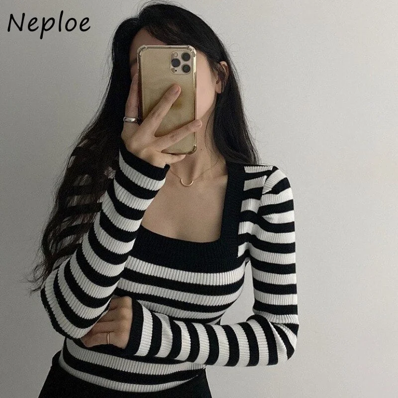 Members Only Awakecrm Christmas Gift Retro Temperament Pullover Contrast Striped Womens Sweaters Chic Autumn Square Neck Slim Sweater Women Long Sleeve Top Members Only Awakecrm Christmas Gift Retro Temperament Pullover Contrast Striped Womens Sweaters Chic Autumn Square Neck Slim Sweater Women Long Sleeve Top