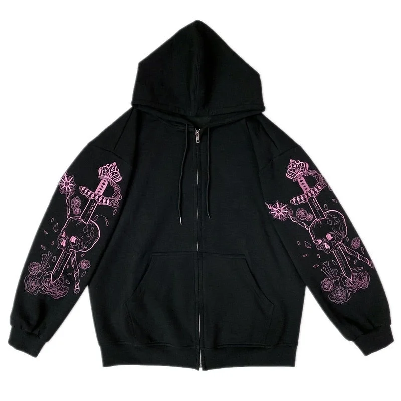 Price Fest Women cardigan hooded Punk Pattern Printed Zipper Ribbon hoodie Retro black oversized jacket streetwear retro couple jacket top Price Fest Women cardigan hooded Punk Pattern Printed Zipper Ribbon hoodie Retro black oversized jacket streetwear retro couple jacket top