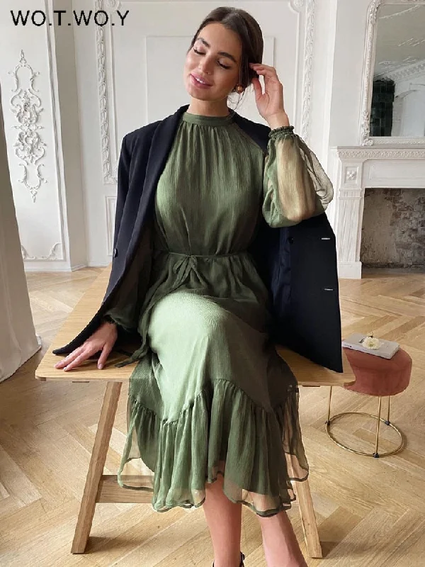 Exclusive Offers Awakecrm Christmas Gift WOTWOY High Waist Loose Chiffon Dress Women Long Sleeve Mesh Ruffles Maxi Dresses Female Casual Solid Vestido Feminino Ladies Exclusive Offers Awakecrm Christmas Gift WOTWOY High Waist Loose Chiffon Dress Women Long Sleeve Mesh Ruffles Maxi Dresses Female Casual Solid Vestido Feminino Ladies