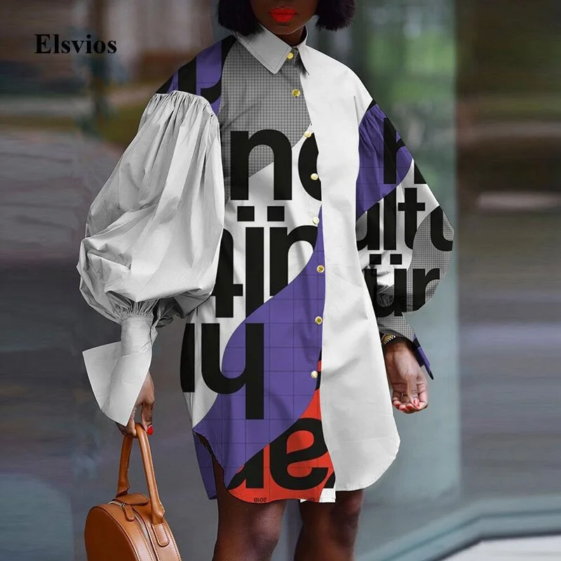 Steals and Deals Elegant Puff Sleeve Party Mini Dress Casual office Lady Button Shirt Dress Fashion Women Turn-Down Collar Spring Dress Vestidos