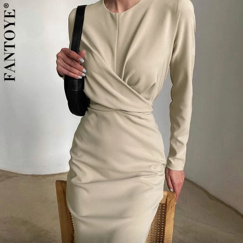 Savings Alert Awakecrm Elegant Solid Twist Midi Dress For Women O-neck Long Sleeve Bodycon Pencil Dresses Partywear Pleated Back Split Vestidos Savings Alert Awakecrm Elegant Solid Twist Midi Dress For Women O-neck Long Sleeve Bodycon Pencil Dresses Partywear Pleated Back Split Vestidos