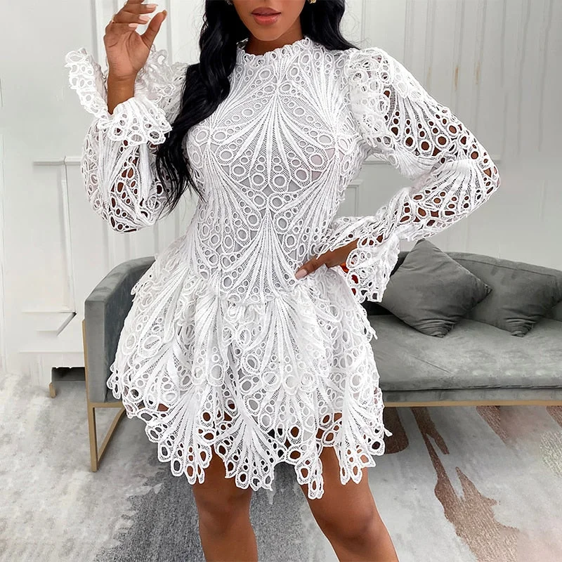 New Markdowns Fashion Clubwear Women Sexy Lace Mini Dress Female Mini Crochet Hollow-out Flare Sleeve Lady Party Dress New Markdowns Fashion Clubwear Women Sexy Lace Mini Dress Female Mini Crochet Hollow-out Flare Sleeve Lady Party Dress