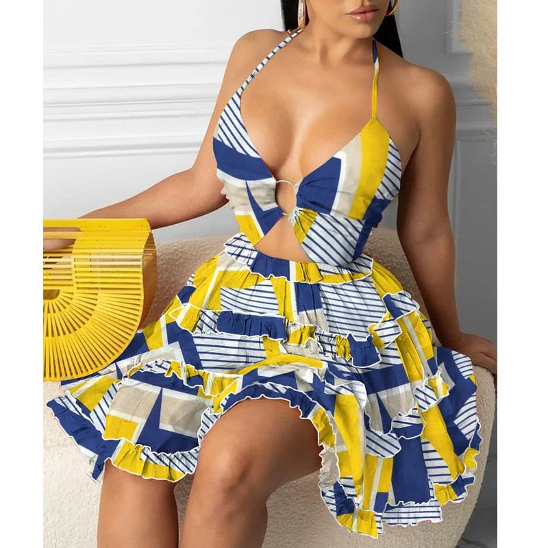 New Deals Fashion Women Sexy Backless Halter Geo Print Mini Dress Beach Dresses O-ring Cut-out Backless Frill Hem Summer Short Dresses New Deals Fashion Women Sexy Backless Halter Geo Print Mini Dress Beach Dresses O-ring Cut-out Backless Frill Hem Summer Short Dresses