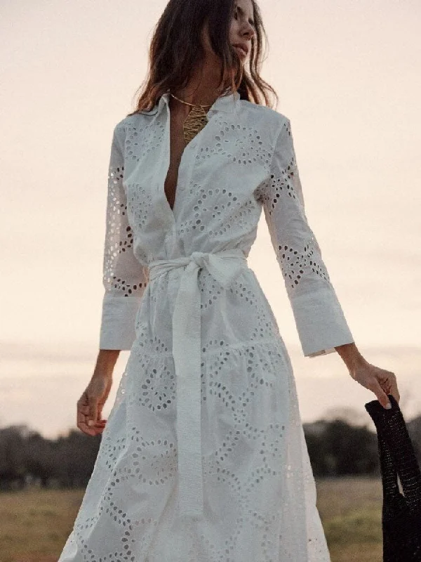 Sale Event Joskka Elegant Embroidered Women's Midi Dress Chic Lapel Long Sleeve High Waist Lace Up Dresses Female New Fall Dress Sale Event Joskka Elegant Embroidered Women's Midi Dress Chic Lapel Long Sleeve High Waist Lace Up Dresses Female New Fall Dress