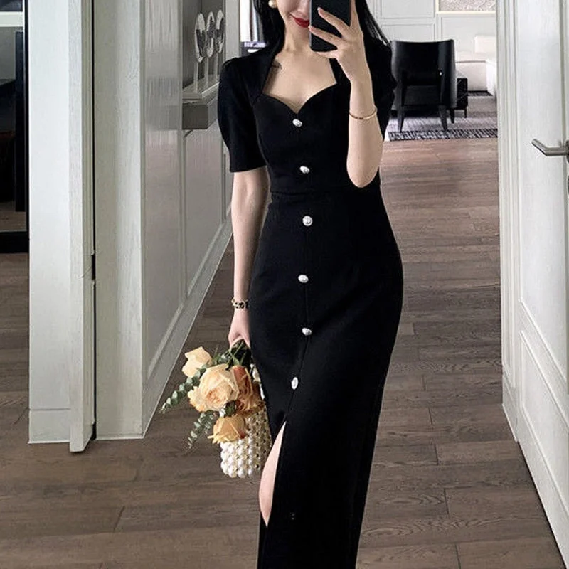 Price Drop One Piece Dress Korean Vintage Midi Dresses Women Short Sleeve Elegant Black Dress Office Ladies Button Design Summer  Y2K