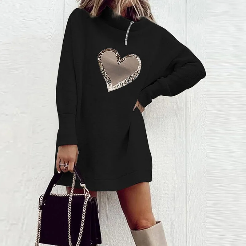 Can't Miss Retro Heart Print Zip Turtleneck Pullover Dress Lady Elegant Autumn Loose Sweatshirt Dress Women Casual Long Sleeve Mini Dresses Can't Miss Retro Heart Print Zip Turtleneck Pullover Dress Lady Elegant Autumn Loose Sweatshirt Dress Women Casual Long Sleeve Mini Dresses
