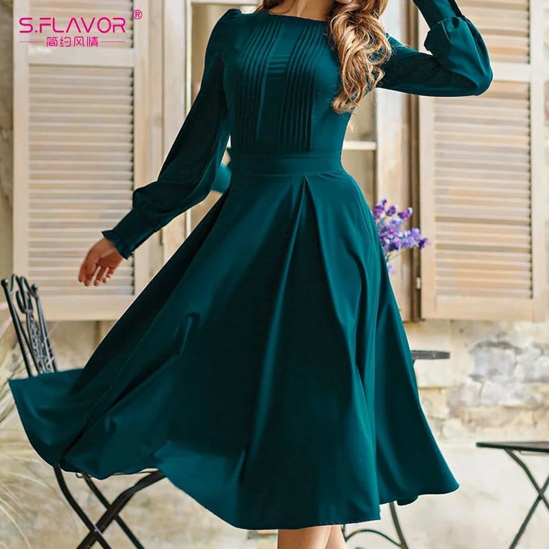 Special Savings S.FLAVOR Women Vintage Solid Color Winter Dress Elegant Green Long Sleeve Pleated Midi Vestidos Spring Casual Dresses Special Savings S.FLAVOR Women Vintage Solid Color Winter Dress Elegant Green Long Sleeve Pleated Midi Vestidos Spring Casual Dresses