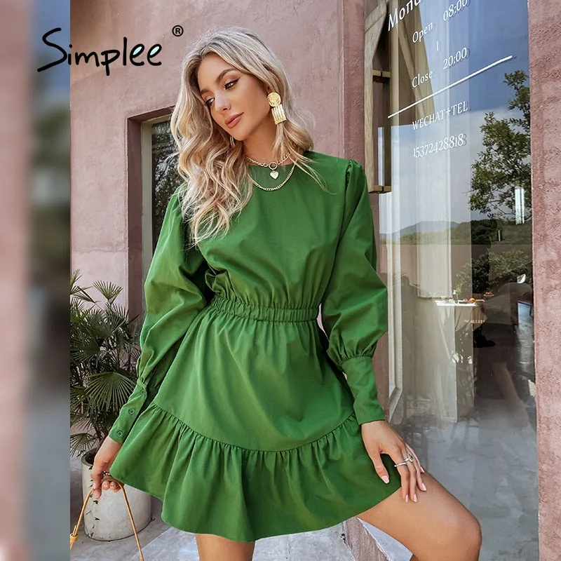 Incredible Offers Simplee Elegant lantern sleeves A-line ruffled women dress green Elastic waist o-neck solid mini dresses Female college vestido Incredible Offers Simplee Elegant lantern sleeves A-line ruffled women dress green Elastic waist o-neck solid mini dresses Female college vestido