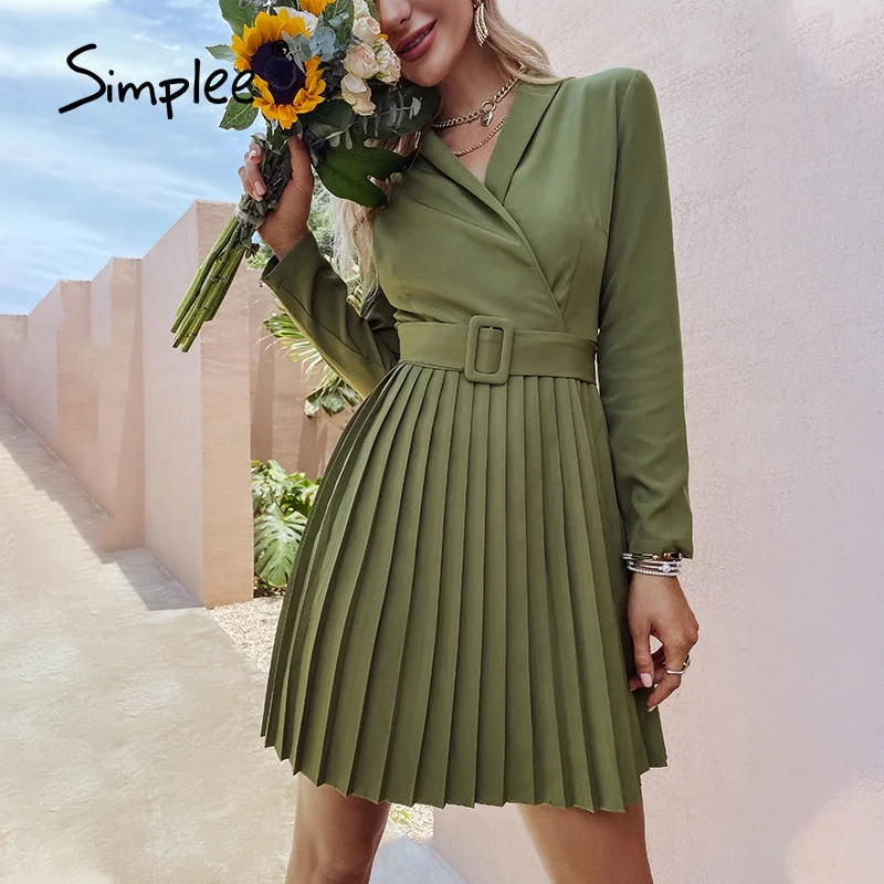 Overstock Sale Simplee Elegant v-neck A-line pleated midi dress women green Office long sleeve belt blazer dresses Casual female vestidos Overstock Sale Simplee Elegant v-neck A-line pleated midi dress women green Office long sleeve belt blazer dresses Casual female vestidos