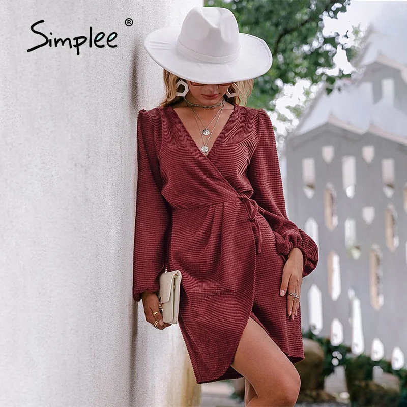 Deal of the Week Simplee Office lady long lantern sleeves v-neck wrap dress women Solid A-line mini dresses Elegant sheath lace up green vestidos Deal of the Week Simplee Office lady long lantern sleeves v-neck wrap dress women Solid A-line mini dresses Elegant sheath lace up green vestidos