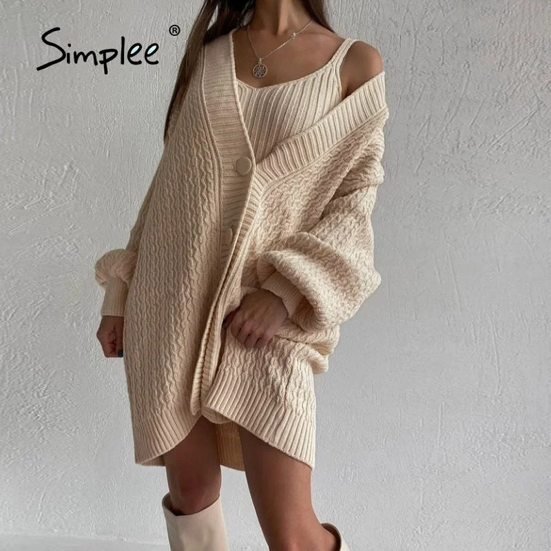 Great Bargains Simplee Sexy buttons v-neck long sleeves knitted mini dress set women Sexy crop tank top sweater coat suit Loose two pieces sets Great Bargains Simplee Sexy buttons v-neck long sleeves knitted mini dress set women Sexy crop tank top sweater coat suit Loose two pieces sets