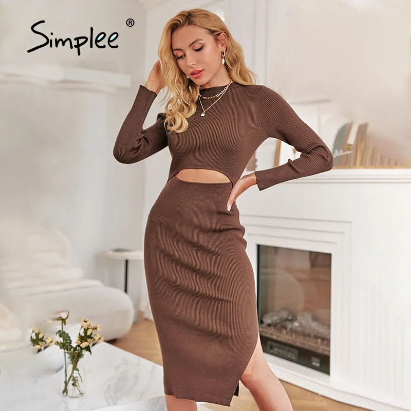 Exclusive Preview Simplee Sexy hollow out o-neck split knitted dress women Elegant long sleeves slim winter dress Female solid sheath midi vestido Exclusive Preview Simplee Sexy hollow out o-neck split knitted dress women Elegant long sleeves slim winter dress Female solid sheath midi vestido