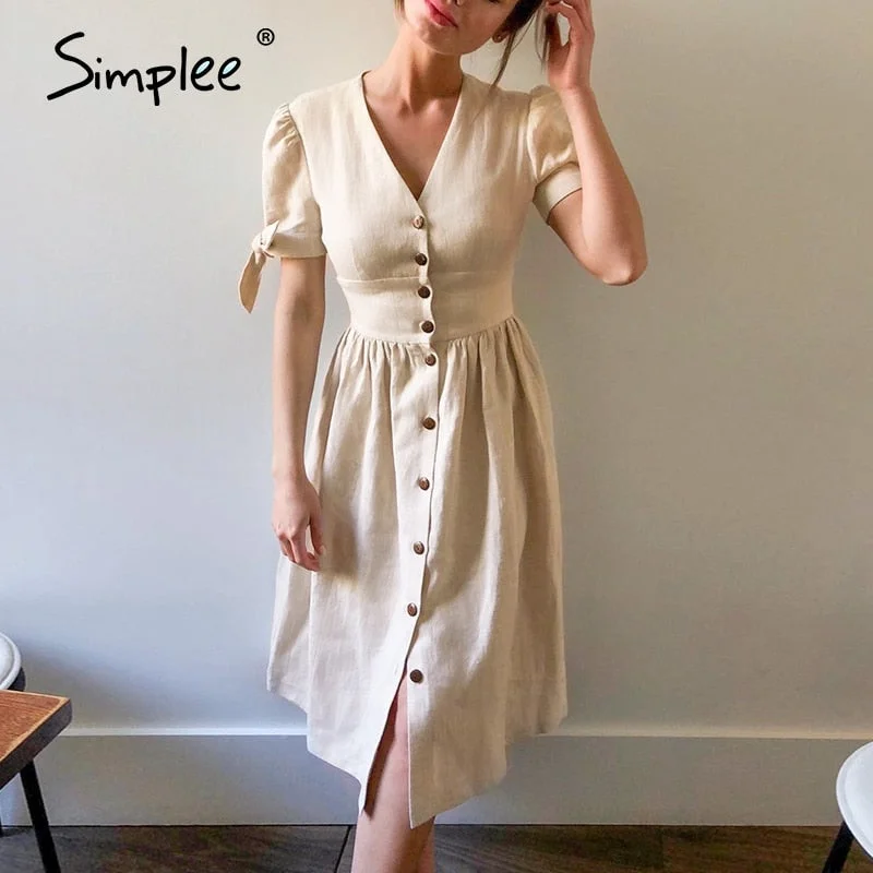 Friends and Family Sale Simplee Sexy v-neck cotton women summer dress Elegant buttons puff sleeve female solid sundress Office work ladies midi dresses Friends and Family Sale Simplee Sexy v-neck cotton women summer dress Elegant buttons puff sleeve female solid sundress Office work ladies midi dresses