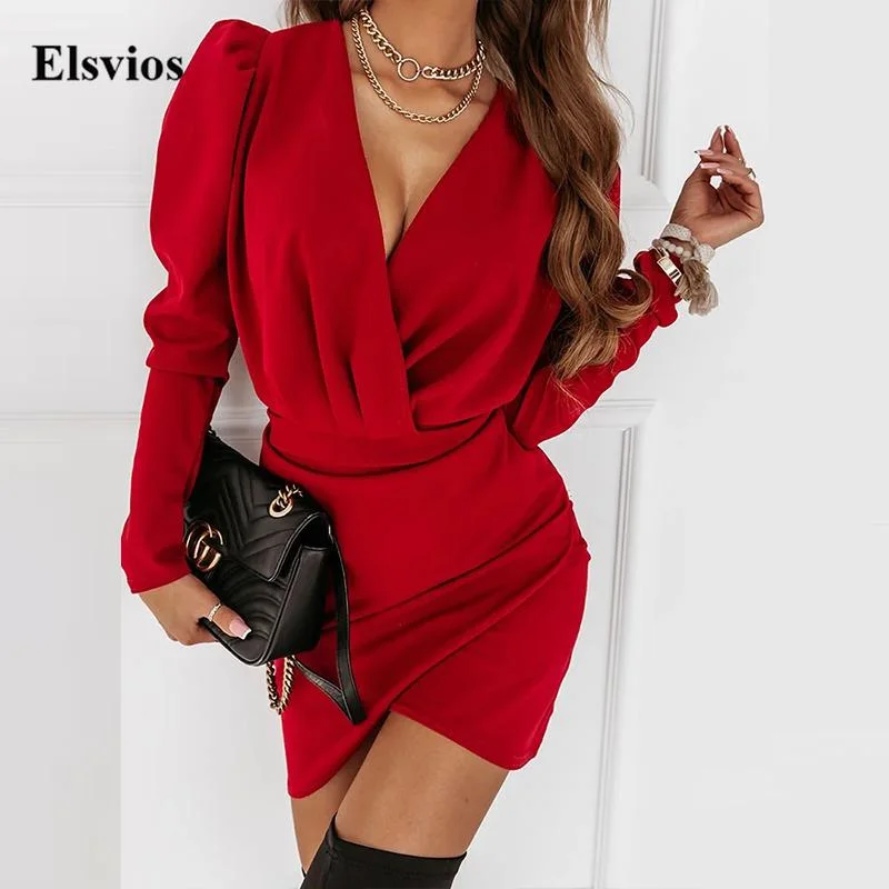 Clearance Event Solid Casual Long Sleeve Women Mini Dress Elegant Puff Shoulder Commute Party Dress Sexy Deep V Neck Office Lady Irregular Dress Clearance Event Solid Casual Long Sleeve Women Mini Dress Elegant Puff Shoulder Commute Party Dress Sexy Deep V Neck Office Lady Irregular Dress