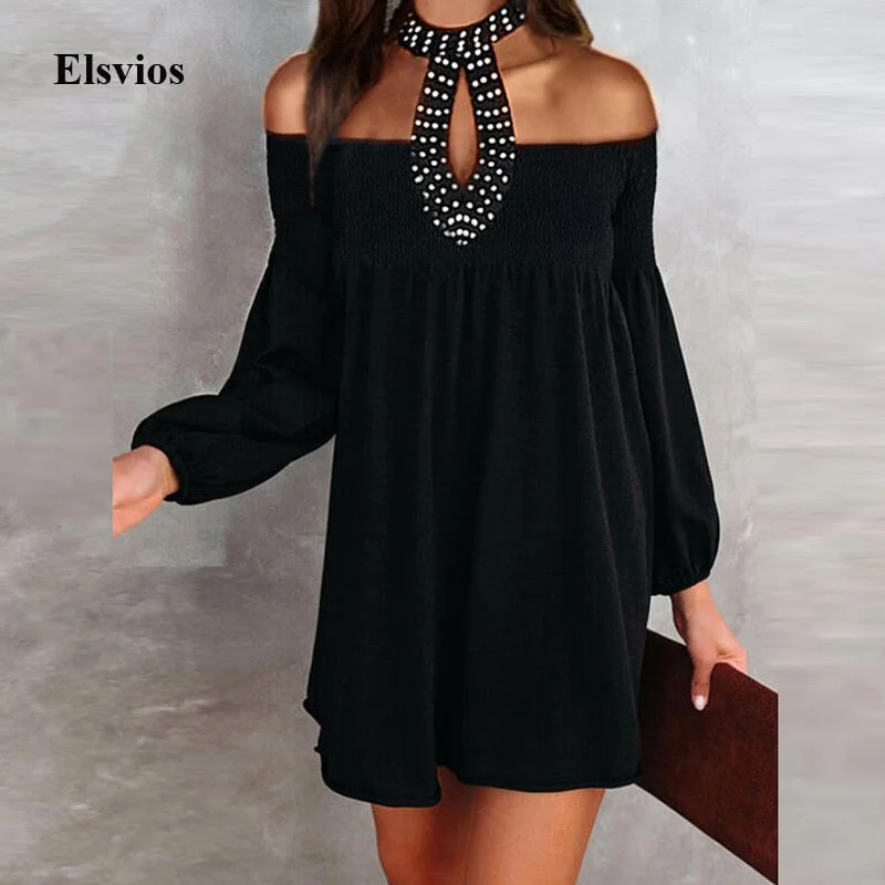 Deal of the Day Spring Elegant Bead Halter Office Lady Mini Dress Casual Long Sleeve Women Party Dress Sexy Off Shoulder Hollow Out Black Dress Deal of the Day Spring Elegant Bead Halter Office Lady Mini Dress Casual Long Sleeve Women Party Dress Sexy Off Shoulder Hollow Out Black Dress
