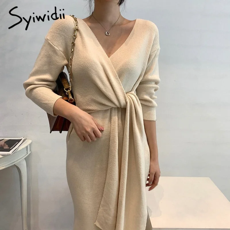 Super Savings Syiwidii Elegant Knit Dresses for Women Fall Winter Fashion New Long Sleeve V Neck A Line Sweater Midi Dress with Side Belt Super Savings Syiwidii Elegant Knit Dresses for Women Fall Winter Fashion New Long Sleeve V Neck A Line Sweater Midi Dress with Side Belt